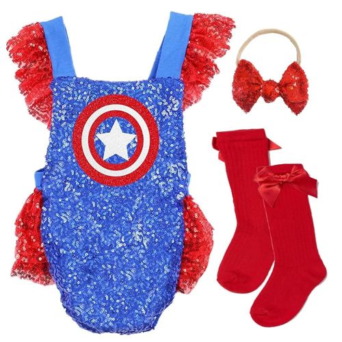 Capatin America inspired baby Girl superhero Halloween Costume Avengers customized baby girl costume superhero girl sequin romper high knee socks and matching bow (3-6 month)