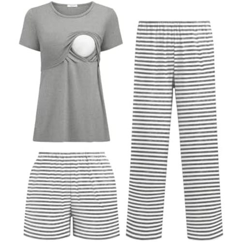 Ekouaer 3 Piece Postpartum Nursing Pajamas Set Short Sleeve Breastfeeding Shirts Pregnancy Shorts & Pants Maternity Pjs