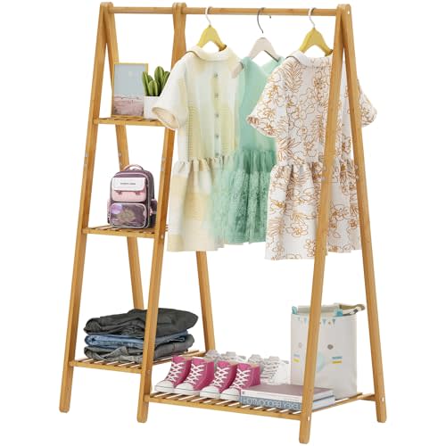 OcBuct Bamboo Small Clothes Rack,Kids Clothing Rack, Mini Wooden Garment Rack with Shelves, Short toddler Dress Up Costume Racks for Hanging Cloth,Free Standing,Narrow