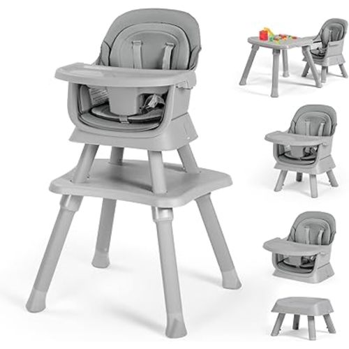 Kinder King Baby High Chair, 8 in 1 Coverts to Dining Booster Seat/Kids Table & Chair Set/Toddler Building Block Table/Kids Stool, Removable Tray & Double Seat Cover, Grey & White