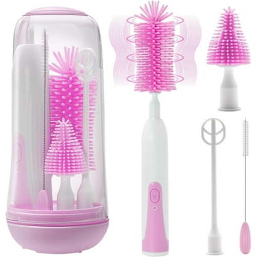 Electric Bottle Brush Cleaner, Rechargable Electric Baby Bottle Brush for Travel, Waterproof Electric Bottle Cleaner Set with Nipple & Straw Brush, Perfect Essentials Gift for Mom After Birth, Purple