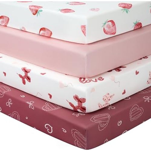 Baby Crib Sheets Girl, Toddler Bed Sheets Fitted for 52”x28”Standard Crib and Toddler Mattresses, 4 Pack Soft Breathable Stretchy Strawberry Puppy Love