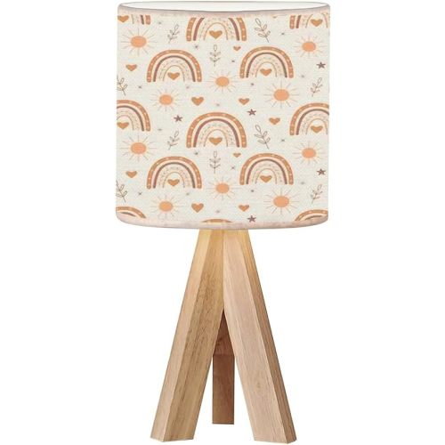 Tripod Bedside Desk Table Lamp Cute Boho Rainbow Seamless Sun Hearts Stars Terracotta Brown Peach for Wood Nightstand Lamp with Linen Fabric Shade for Nursery Bedroom Living Room Kids Room