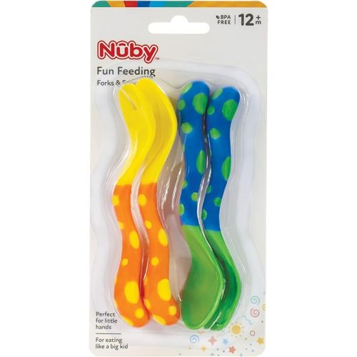 Nuby Toddler Spoons and Forks Set for Self-Feeding - 4 Pack - Toddler Utensils with Easy Grip Handles for Kids - Dishwasher Safe - 12+ Months - Yellow/Orange & Blue/Green