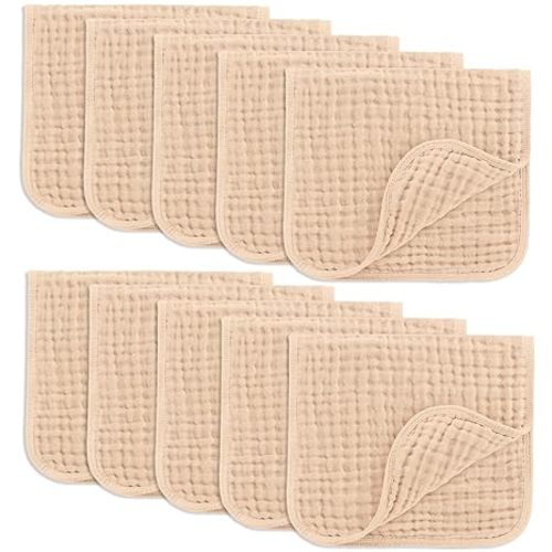 Comfy Cubs Muslin Burp Cloths 20" x 10", Pack of 10 - Large, 6-Layer, Ultra Absorbent 100% Cotton for Baby Drool and Messes - Soft, Safe & Gentle Baby Burp Cloths for Boys & Girls - Cream