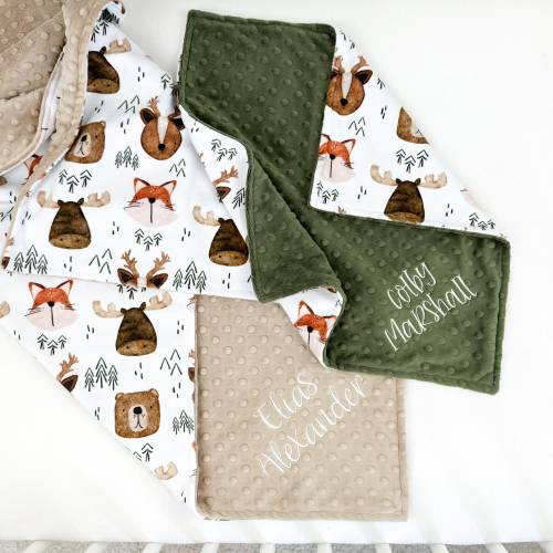 Baby Blanket with Woodland Animals - Personalized Blanket with Embroidered Name - Baby Shower Gift for New Baby - Toddler Security Blanket