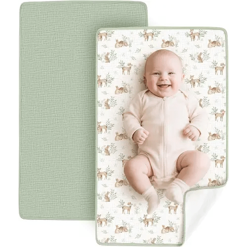Konssy 2 Pack Waterproof Muslin Cotton Portable Changing Pad 30"x 17", Soft & Foldable Baby Changing Mat Travel Pad with Terry Backing, Shower Gift for Newborn Girls Boys (Woodland,Sage)
