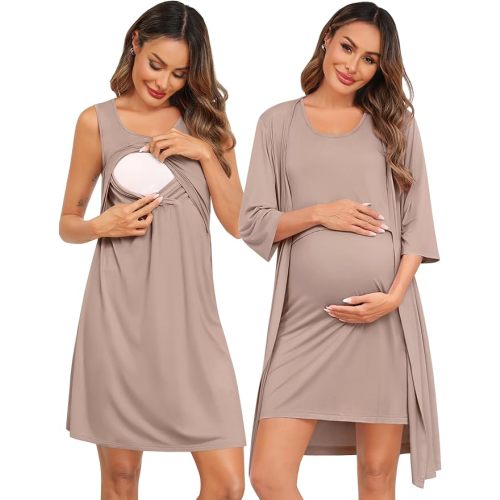 Maternity Nursing Gown and Robe Set Labor LIGHT BROWN XXL