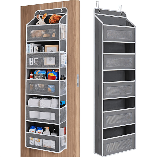 SPORTS JOY 5 Shelf Over The Door Storage with 5 Side Pockets, Anti Tilt 50lbs Load Behind Door Organizer, Hanging Closet Clear Window Storage Bag for Bedroom, Bathroom, Pantry, Kitchen (Gray)