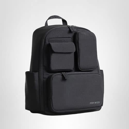 Itzy Ritzy Utility Diaper Bag Backpack – Features 17 Pockets (Including 2 Insulated Bottle Holders) & Trolley Sleeve and Includes Stroller Straps & Changing Pad – Part of the Belong Collection (Black)