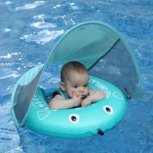 Mambobaby Float Self-Inflating Baby Pool Float Compressible Pool Swim Float Infant Soft Solid Swimming Trainer Baby Float with Removable UPF 50+ UV Sun Protection Canopy, Green