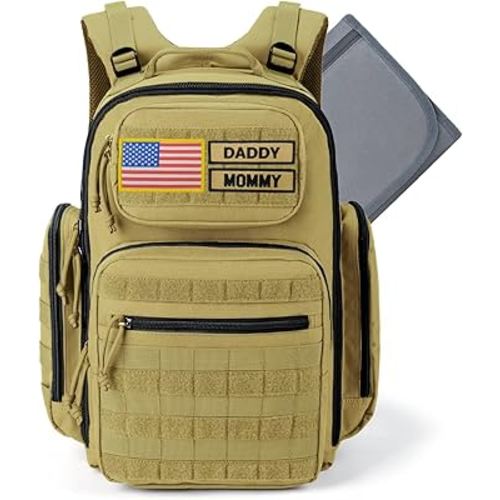 Baby Diaper Bag with Changing Pad - Large Military Daddy Gear Backpack for Hiking Travel Camping -Army Style for Men Active Dad Tan
