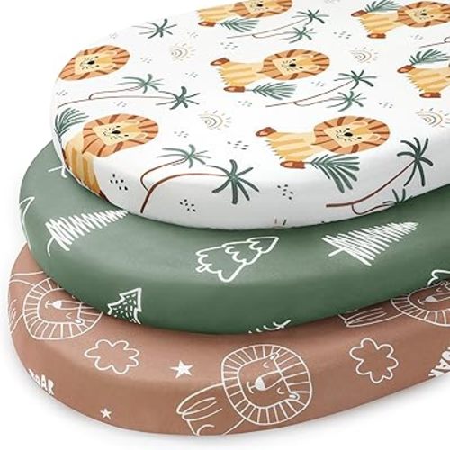 Baby Bassinet Sheets Boy Girl, 3 Pack Fitted Bassinet Mattress Sheets, 32”x16” Universal Fit for Cradle Moses Basket Oval Rectangle Round Hourglass Mattress, Super Soft Brown Lion