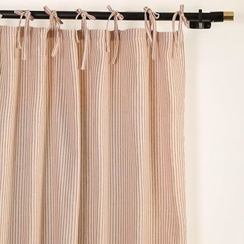 Gauze Striped Curtains, Boho Linen Gauze Tie Top Hanging Curtains Light Filtering Door Window Treatment 2 Panel Curtain Drapes for Living Room Home Décor Maroon on Beige (72"x42" Each Panel)