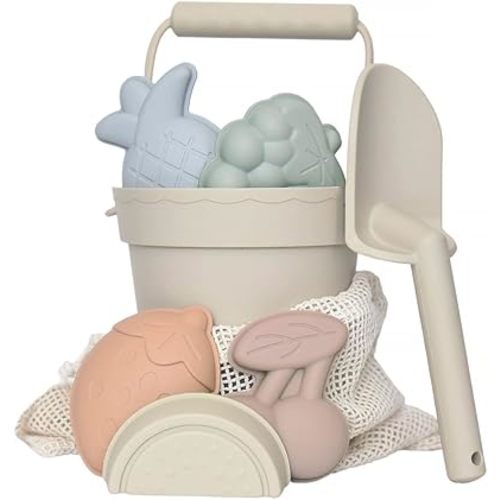 Silicone Beach Toy Set - Eco-Friendly, Easy to Clean, 5 Sand Toy Molds, Shovel & Beach Bag - Beach Toys for Kids Ages 4-8, Toddlers 1-3, Baby Beach Toys - Travel Friendly