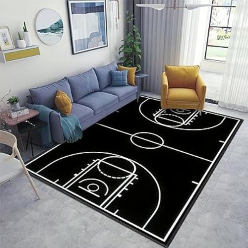 Basketball Court Black Area Rugs, Basketball Court for Training Indoor Carpet, Easy Clean Carpet Washable Non-Slip Rug for Boys and Girls Nursery Bed Living Room Carpets Nursery Decor,4 x 6ft