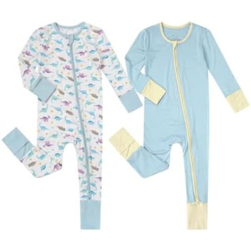 Teach Leanbh Unisex Baby 2 Pack Bamboo Viscose Pajamas with Mittens and Feet Cuffs 2 Way Zipper Long Sleeve Romper