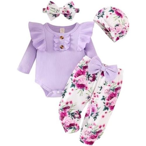 Baby Girl Clothes Infant Newborn Outfits Romper Pants Cute Bow Headband Hat Sets for Baby Girls (0-3-6-12-18 Months)
