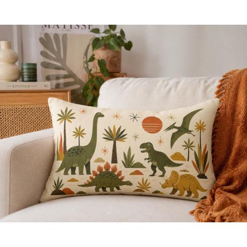 MCM Dinosaur Lumbar Pillow, Retro Dino Throw Pillow, Mid Century Modern Nursery Decor, Prehistoric Accent Cushion, Dinosaur Lover Gift