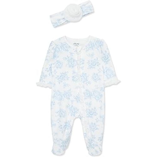 Little Me Baby Girls 100% Cotton 2-piece Zipper Closure Footie and Headband Set