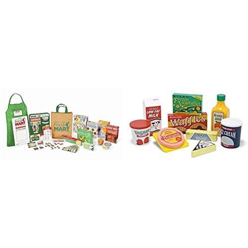 Melissa & Doug Fresh Mart Grocery Store Companion Collection Playset 5183 & Fridge Food Wooden Play Food Set 4076 for Age 3+ Creativity
