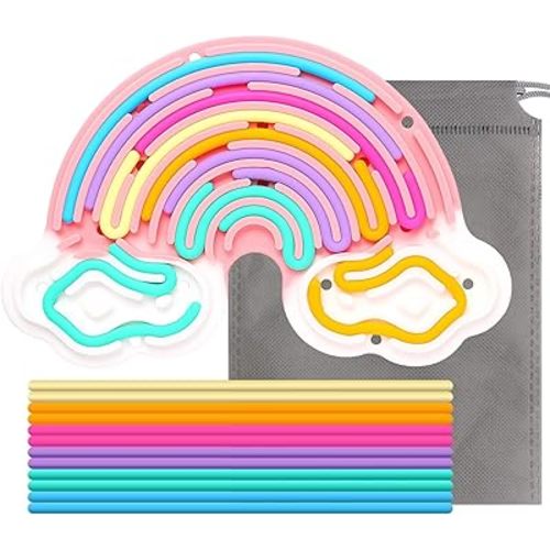 Fidget Toys Sensory Activity Board, Silicone Sensory Toys for Stress Anxiety Autistic ADHD Calming, Kids 3+ & Adults, Travel Bag & 12 Strings, Rainbow (Pink)