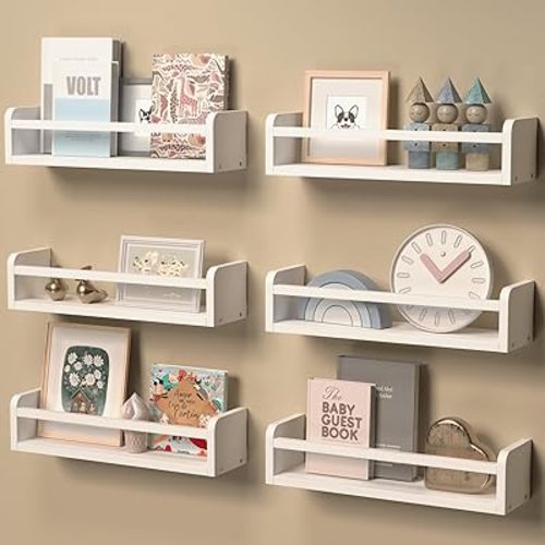 White Floating Shelves Set of 6, Wall Mounted Nursery Bookshelf for Kids Room Storage, Classic White Floating Shelves for Wall, Baby Book Shelves for Kids Bedroom Toddler Room Decor - White