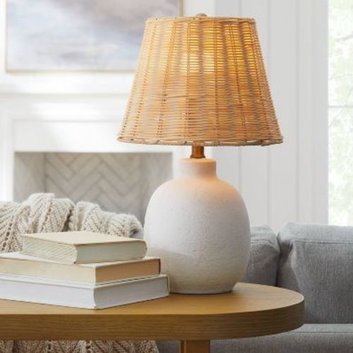 18.5"x11" Ceramic Table Lamp with Rattan Shade White - Threshold™ designed with Studio McGee: Nightstand Wicker Lighting