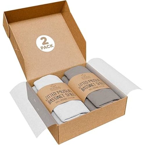 Bassinet Fitted Sheets - Compatible with Baby Delight Beside Me Dreamer Bassinet & Baby Joy Bedside Sleeper | 100% Organic Muslin Cotton - White + Grey | 33X20 (2 Pack)