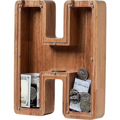 Piggy Bank for Kids Boys Girls, Wooden Large Letter Piggy Bank Alphabet Money Bank with Initial H, Coin Bank Fun Gifts for Birthday, Christmas, Festival, Baby Shower