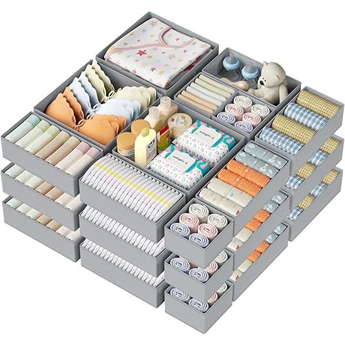 DIMJ Drawer Organizer Clothes 24 Pack - Foldable Baby Organizers and Storage & Dresser Organizer for Bedroom, Closet - Nursery Organization Dresser Dividers for underwear, Sock,Bra, Belt, Tie, Gray