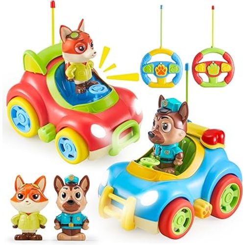 Remote Control Car for Toddlers, 2 Pack RC Cars with Figure Bump & Ejection Play, Kids Cartoon Toys with LED Lights, Music, Volume Control, Christmas Birthday Gift for Boys & Girls