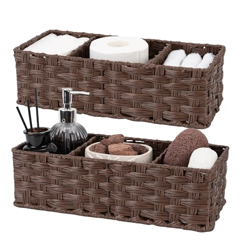 GRANNY SAYS Bathroom Baskets for Organizing, Wicker Baskets for Shelves, Toilet Storage Basket with Dividers, Small Basket for Organizing, Brown, 2-Pack
