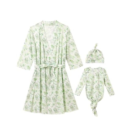 Mommy and Me Robe and Swaddle Set Floral Maternity and Baby Matching Delivery Blanket Headband for Mom Girl Boy 4pcs