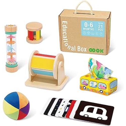TOOKYLAND Montessori Toys for Babies 0-6 Months, 6 in 1 Learning Educational Set Newborn Toys Including Sensory Ball, Rain Stick, Baby Roller, Spinning Drum, Black and White Cards, Tissue Box.