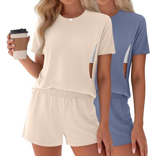 Riyiper 2 Packs Women's Nursing Pajamas Set Maternity Breastfeeding Short Sleeve Hidden Zippers Shirts and Shorts Loungewear