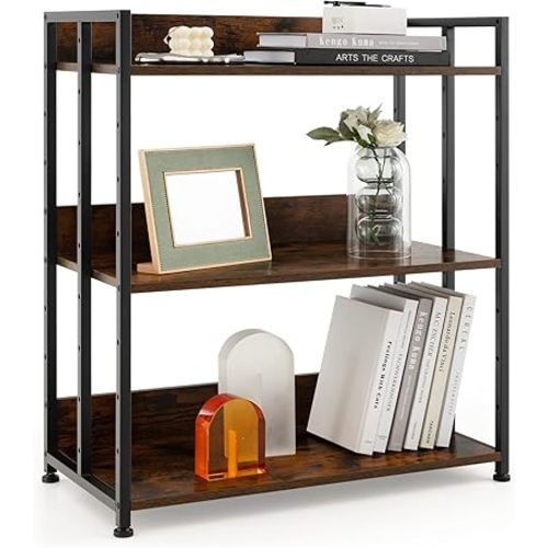 GOFLAME 3-Tier Bookshelf, Tall Bookcase Shelf with Metal Frame, Industrial Floor Storage Shelf Organizer, DIY Shelving Unit Display Rack for Study, Living Room, Kitchen, Rustic Brown