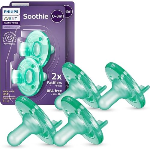 Philips Avent Soothie Baby Pacifiers - 100% Silicone Pacifiers for Babies 0-3 Months, One-Piece Design, BPA-Free, Extra Durable, Green, 4 Pack, Model SCF190/41