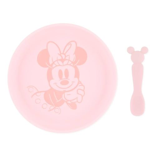 Bumkins Disney Baby and Toddler Plate and Spoon Set, Silicone Dish for Babies and Kids, Baby Led Weaning, Children Feeding Supplies, Microwave Safe, Platinum Silicone, Ages 6 Months Up, Minnie Mouse
