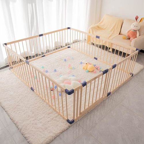 Baby Playpen Kids Fence with Safety Gate, Safety and Anti-Drop Function, Activity Play Center, Safety Play Yard Indoor Outdoor Pure Wooden Baby Playpen (Natural, 8-Panel w/Gate) (70.90"X 78.80"X 24")