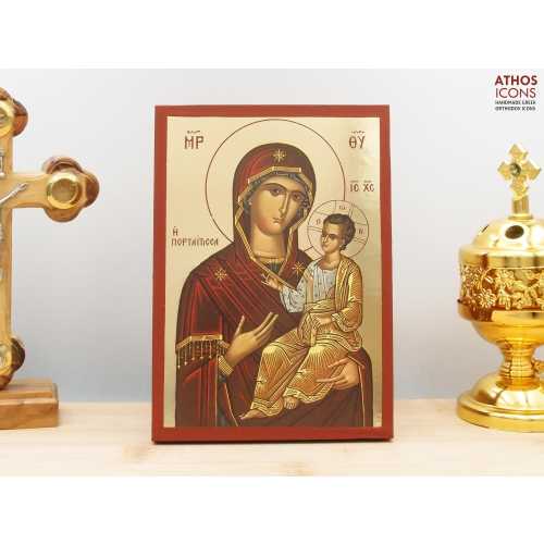 Virgin Mary Hodegitria "Portaitisa" with Jesus, Wooden Handmade Icon with Gold Foil Greek Premium Byzantine Style Wall Hanging Religious