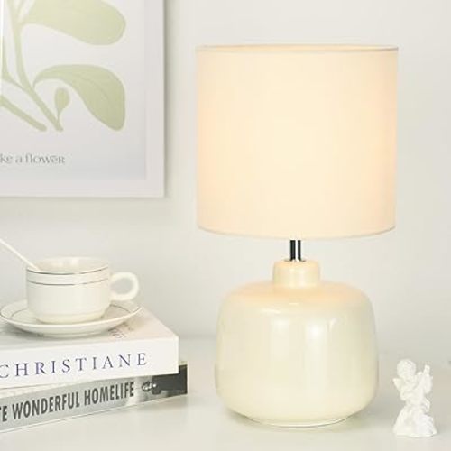 LAMPWELL Vane Small Ceramic Table Lamp for Living Room and Bedroom,Modern Kids Night Table Lamp,Φ7.09×H13.39IN,Bulb Excluded,Cream