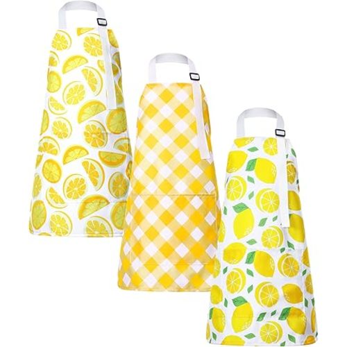 Jenaai 3 Pcs Lemon Kids Apron with Pockets Lemonade Stand Supplies Adjustable Strap Lemonade Apron Costume for Boys Girls Cooking Painting, 6-12 Years