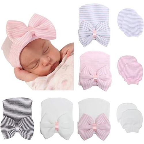 BQUBO Newborn Baby Caps Mittens for Baby Girls Baby Hats Scratch Mitten Gloves Set Soft Hospital Hat Infant Hats with Bow