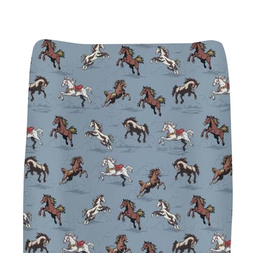 Vintage Wild Horses Baby Changing Pad Covers for Boys Girls Running Horse Fitted Changing Table Mats Wild Western Cowboy Animal Soft Diaper Changing Table Sheets for 32''×16'' Contoured Pad Blue