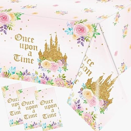 3PCS Princess Birthday Party Tablecloths Decorations,Once Upon a Time Birthday Decorations Plastic Princess Castle Party Floral Table Cover for Girls Birthday Party, Baby Shower