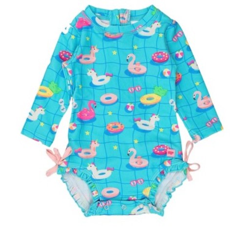 Rufflebutts Baby Girls Upf50+ Long Sleeve One Piece Rash Guard - Neon Pool Party, 6-12m
