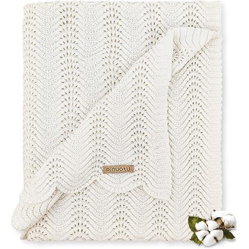 Cotton Knitted Baby Blanket – Neutral Swaddle Receiving Blanket for Newborn, Toddler, Boys & Girls, Crib or Stroller Blanket with Gift Box, 31×40 Inch (White)