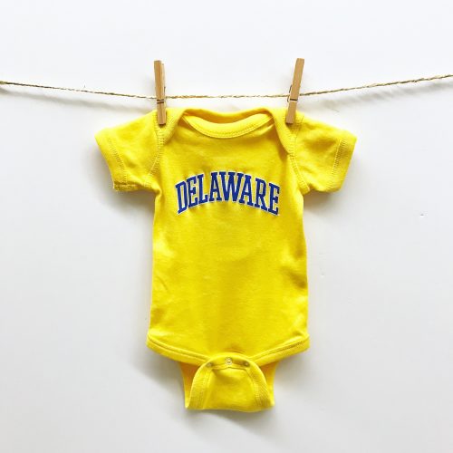 University of Delaware Arched Delaware Onesie – Yellow – National 5 and 10