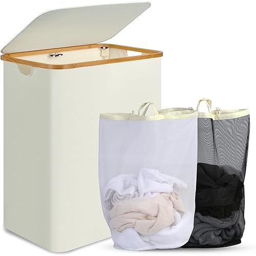 Laundry Hamper with Lid, 160L Tall Laundry Basket with Bamboo Handles for Clothes and Toys, Collapsible Laundry Hamper with 2 Inner Bags for Bedroom and Bathroom, Beige